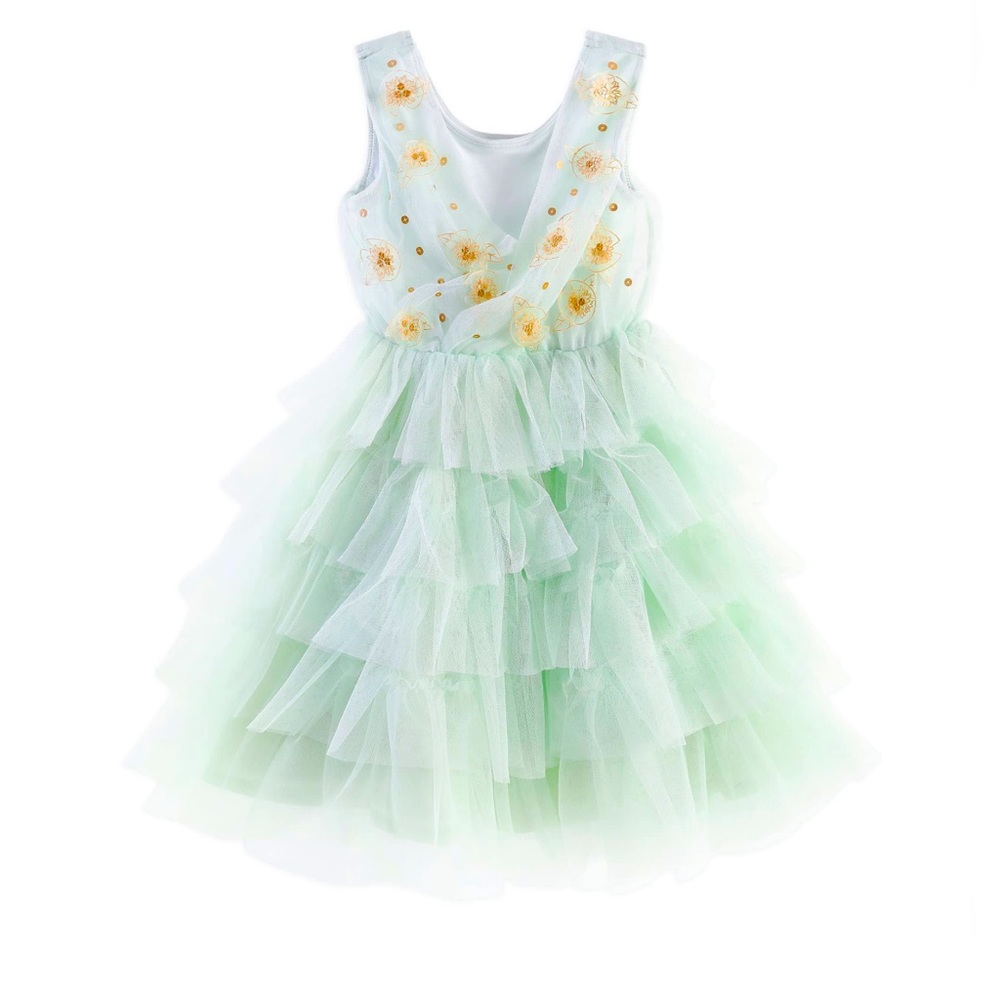 Disney ruffle, gold and green lace princess tiana dress fancy